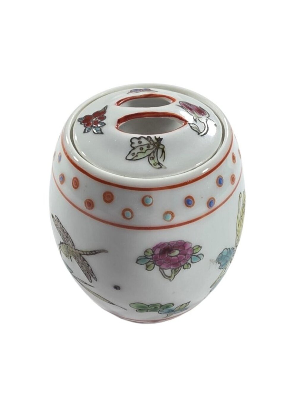 Hand-Painted Porcelain Toothpick Holder Floral Butterfly Design 3" Cottage